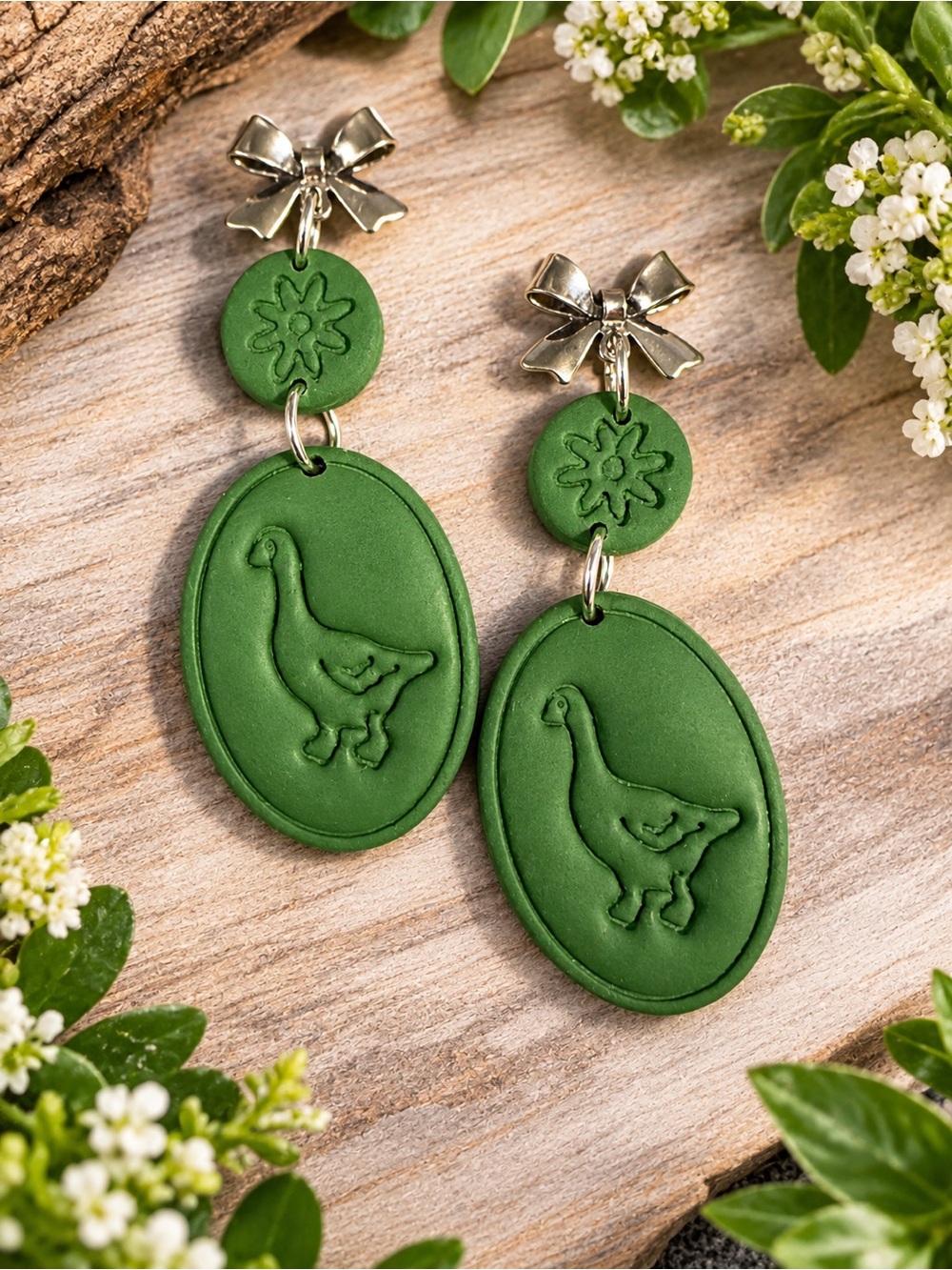 Green Duck Cameo Drop Handmade Polymer Clay Earrings with Silver Bow